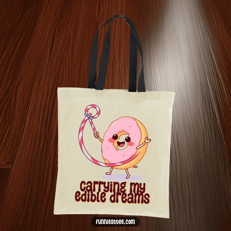 Funny tote bag showcasing a happy donut hula hooping with a licorice whip, perfect for grocery runs and spreading smiles.
