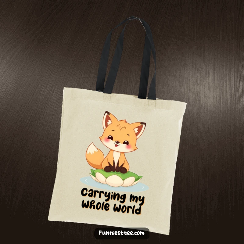 Funny fox cub tote bag with a happy fox cub grinning, balancing on a floating lily pad, perfect for everyday use.