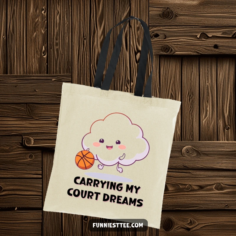 Funny happy cloud dribbling a basketball with its puff on a tote bag, a humorous and practical accessory.