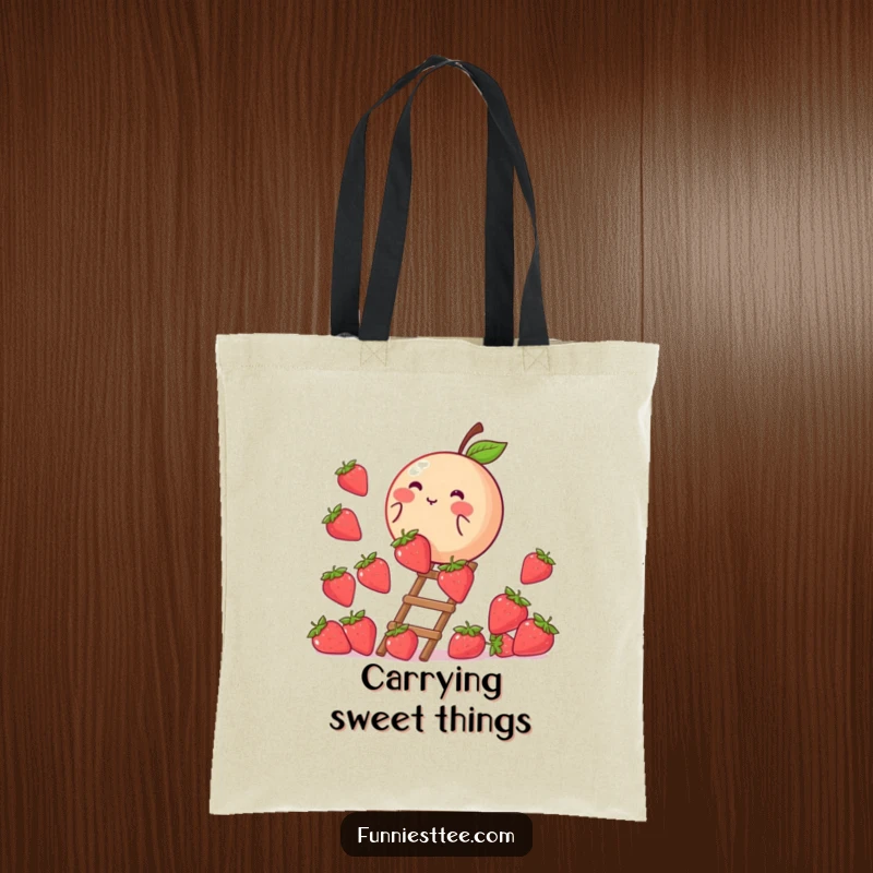 Funny tote bag showcasing a blushing peach climbing a strawberry ladder, a humorous and charming accessory for carrying daily essentials.