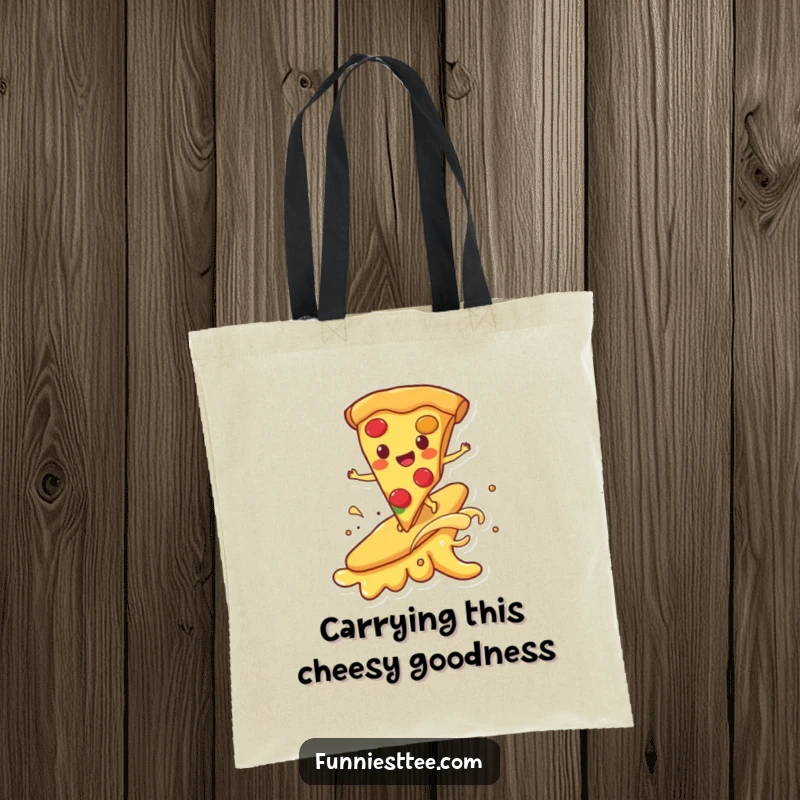Funny tote bag illustrating a happy pizza slice surfing on a melting cheese wave, combining utility with a delicious and humorous food theme.