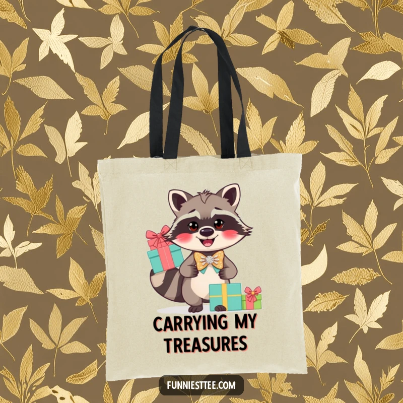Funny raccoon bow tie tote bag, a smiling raccoon expertly balancing gifts, dapper and practical.