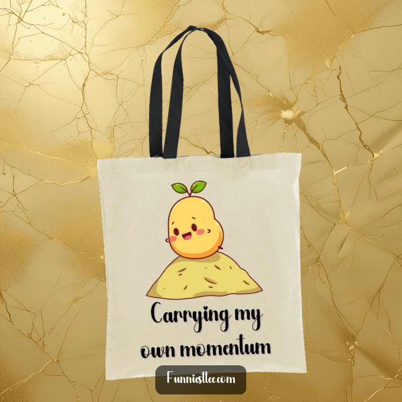 Funny tote bag depicting a happy potato comically rolling down a miniature hill, ready to carry your items with cheerful determination.