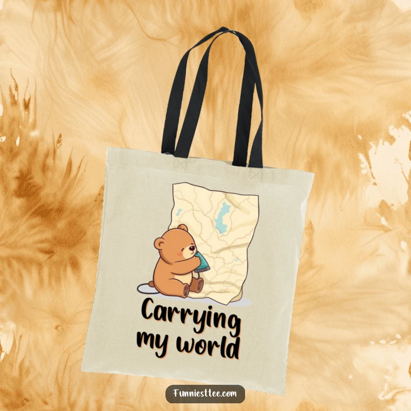 Funny tote bag with a sleepy bear ironing a massive, wrinkled map, ideal for carrying essentials with a touch of humor.