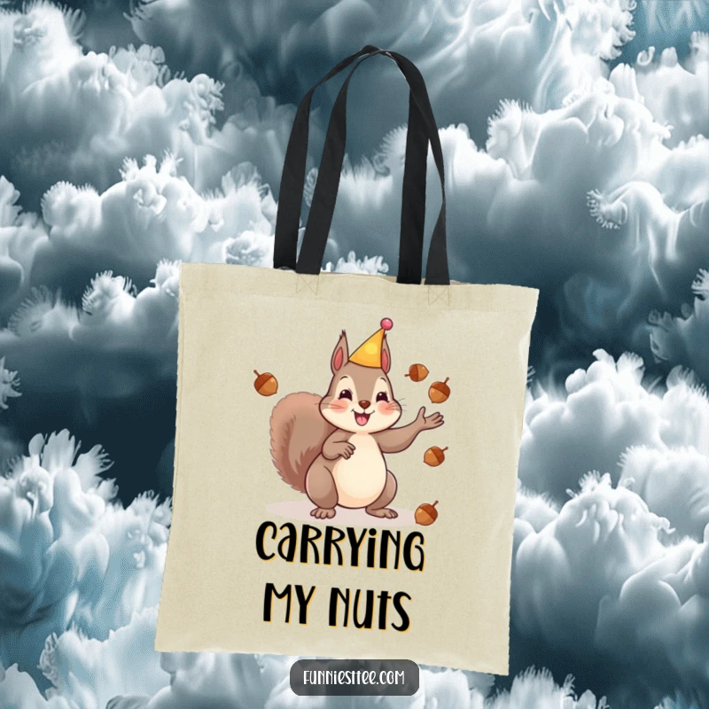 Funny tote bag showing a happy squirrel in a party hat juggling acorns, perfect for carrying essentials with a side of nutty fun.