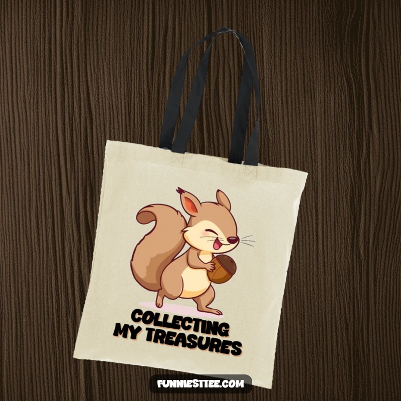 Funny Tote Bag print of a determined squirrel with a comically large acorn, spinning in pursuit of its own tail.