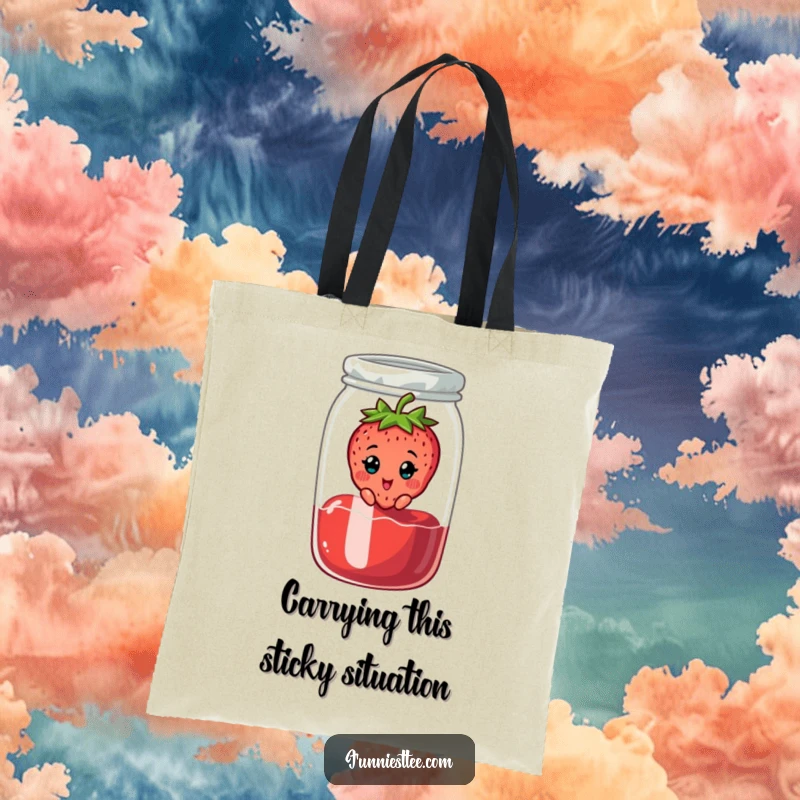 Funny tote bag featuring a cheerful strawberry character stuck in a jam jar, looking surprised, a delightful and humorous accessory.