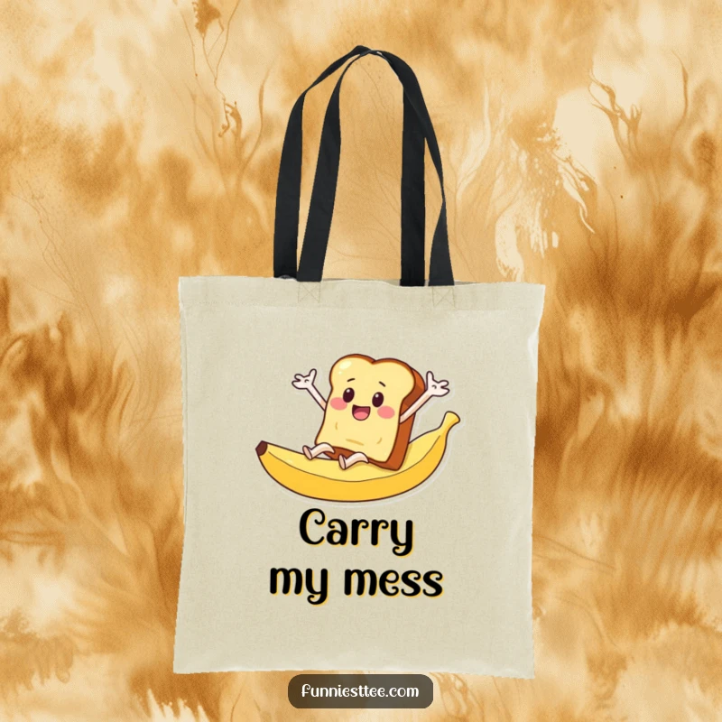 Funny tote bag featuring a slice of toast with arms flailing as it slides down a banana peel.