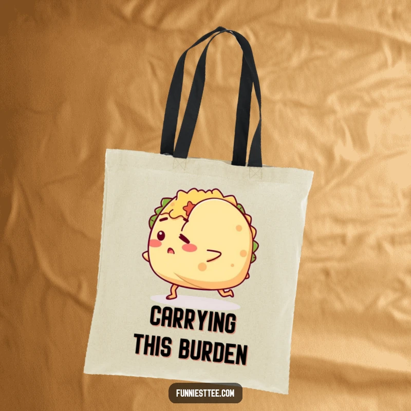 Funny tote bag showcasing a determined taco character hilariously tripping over its shell, perfect for carrying items with a humorous flair.