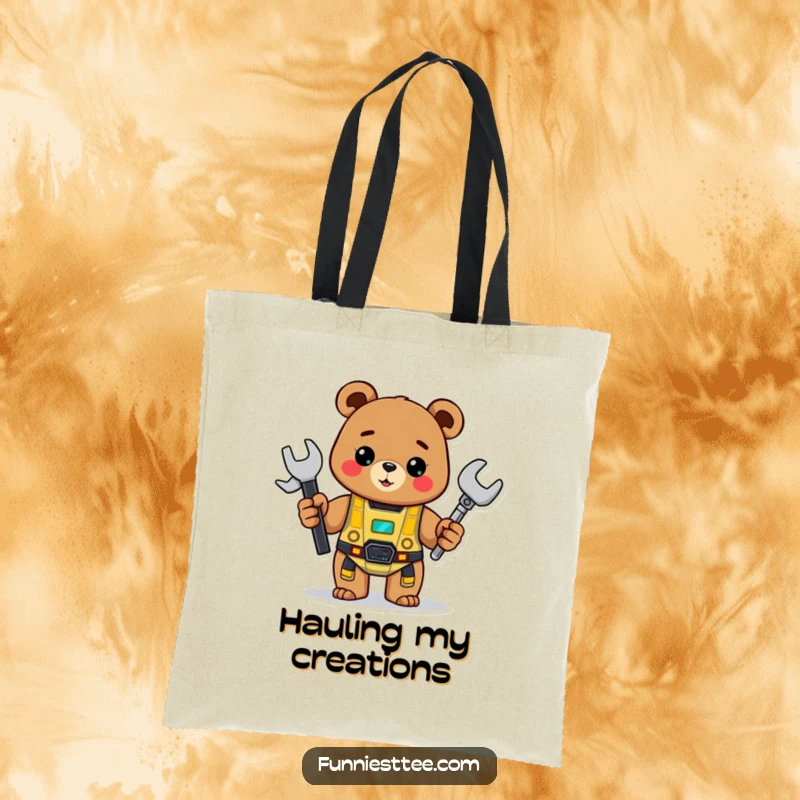 Funny Bear Tote Bag: A cheerful bear holding a wrench proudly shows off a half-built robot, a humorous carry-all.