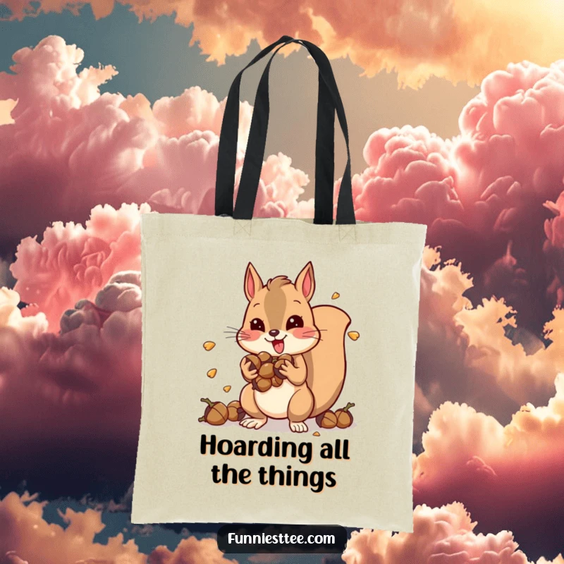 Funny tote bag showcasing a hyper squirrel stuffed with acorns, vibrating with energy, ready to carry your essentials with chaotic enthusiasm.